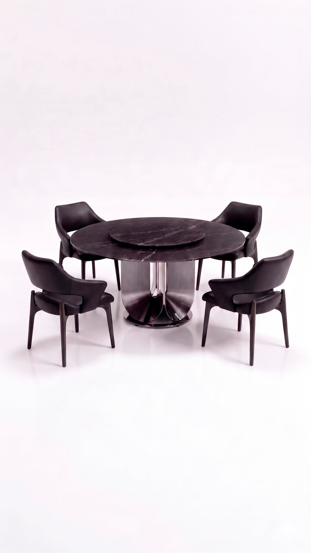 Comedor con base Orbita y sillas Pelle